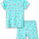 Beezizac Toddler & Little Girls Pajamas Cute Ditsy Floral/Strawberry Fruit Tee & Pants PJ Spring Set Kid Size 10