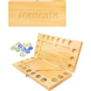 4 Players Mancala Board Game, Solid Wood Folding Mancala Board with Multi-Color Glass Stones, Mancala Family Travel Strategy Games Set with Game Instruction
