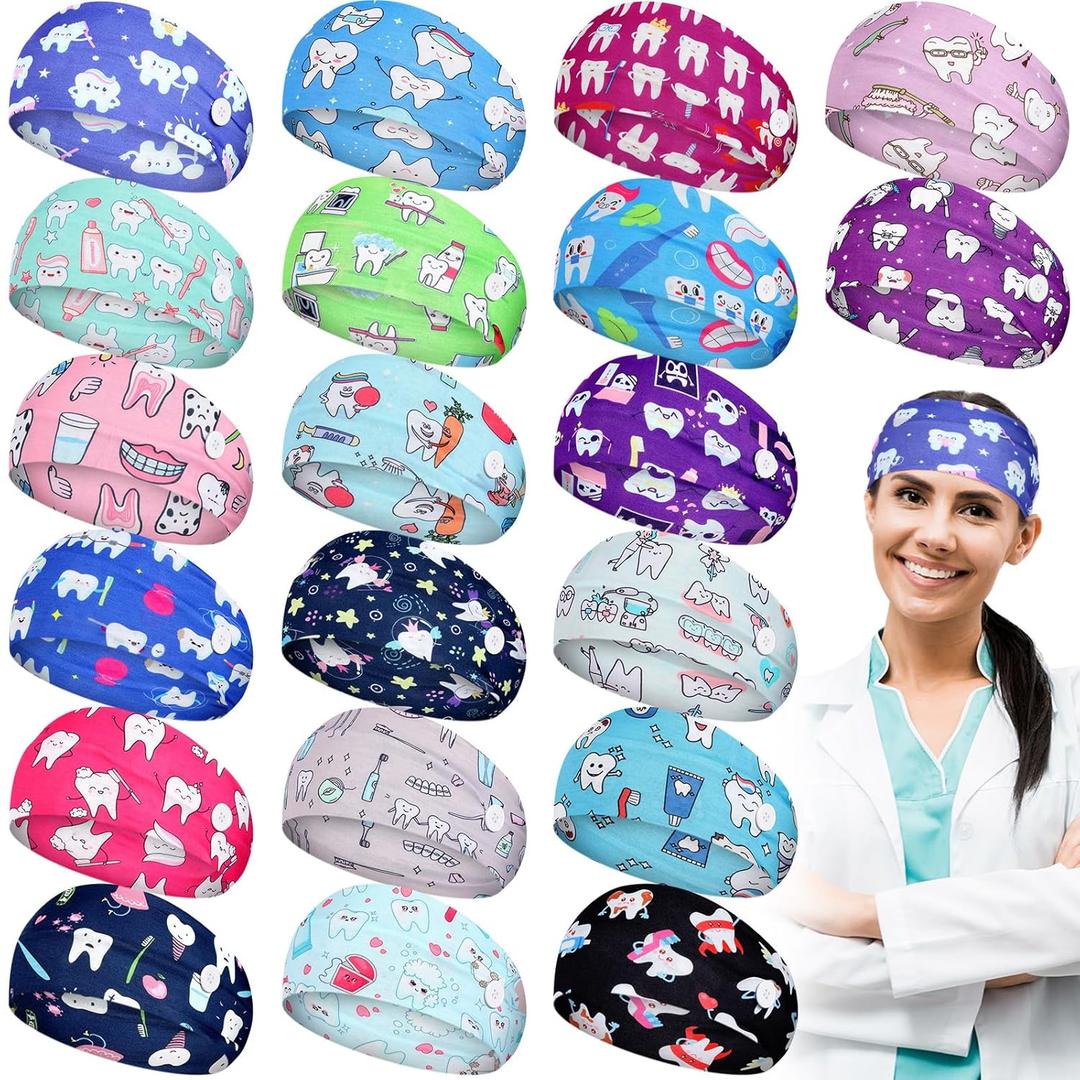 20 Pcs Dental Headbands for Women with Buttons Non Slip Dental Doctor Gifts Nursing Assistant Soft Accessories Sweat Wicking Headband Gift for Doctor's Day Dentist Hygienist Medical Assistant