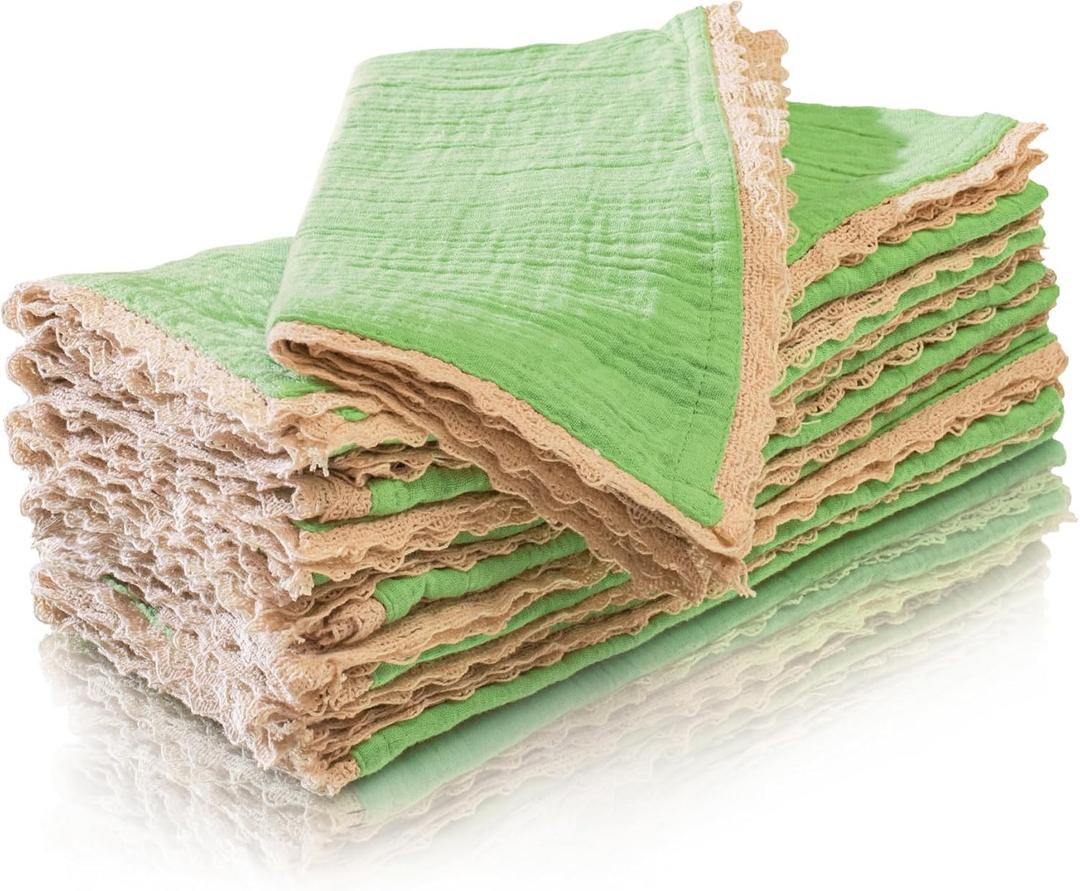 Fingercraft Dinner Cloth Napkin Cotton Muslin Double Gauze 2 pack with Classic Lace for Everyday Use, Wedding, Party, Christmas, Easter Napkins Cloth are Pre Shrunk and Good Absorbency Lettuce Green (20" x 20" (Set of 8))