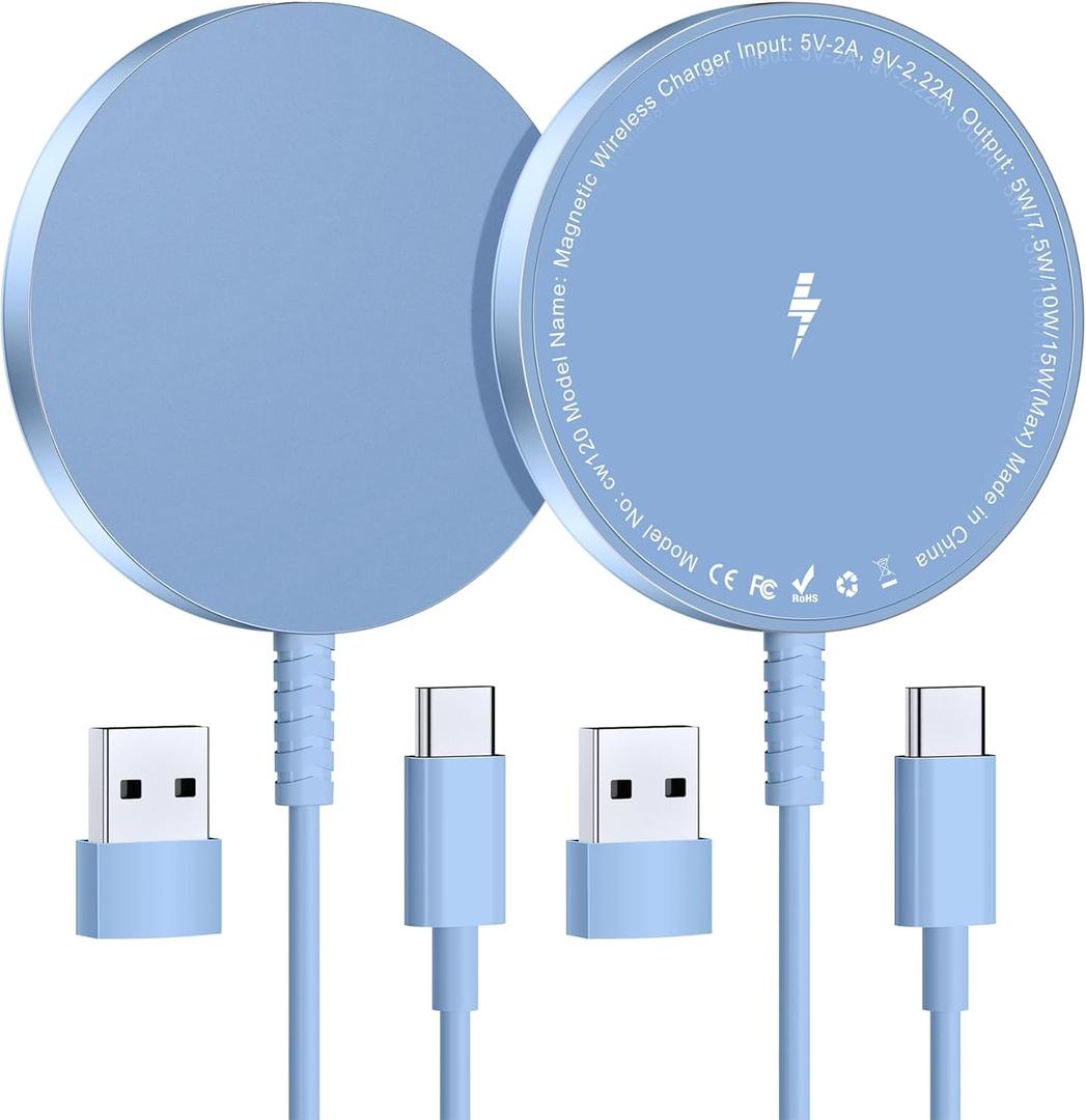 Magnetic Wireless Charger for iPhone: Compatible with Magsafe Charger iPhone 17 16 15 14 13 12 Series & Airpods 4 3 2 Pro-Fast 15W Max Charging Pad Strong Magnet, Dual USB-C/A Ports-Home Office Travel (Blue)