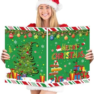 Large Merry Christmas Greeting Card 14 x 22 Inch, Red Green Jumbo Christmas Card Giant Guest Book Big Christmas Decor Card, Plastic Christmas Gift Card for Christmas and New Year Holiday Party Decor