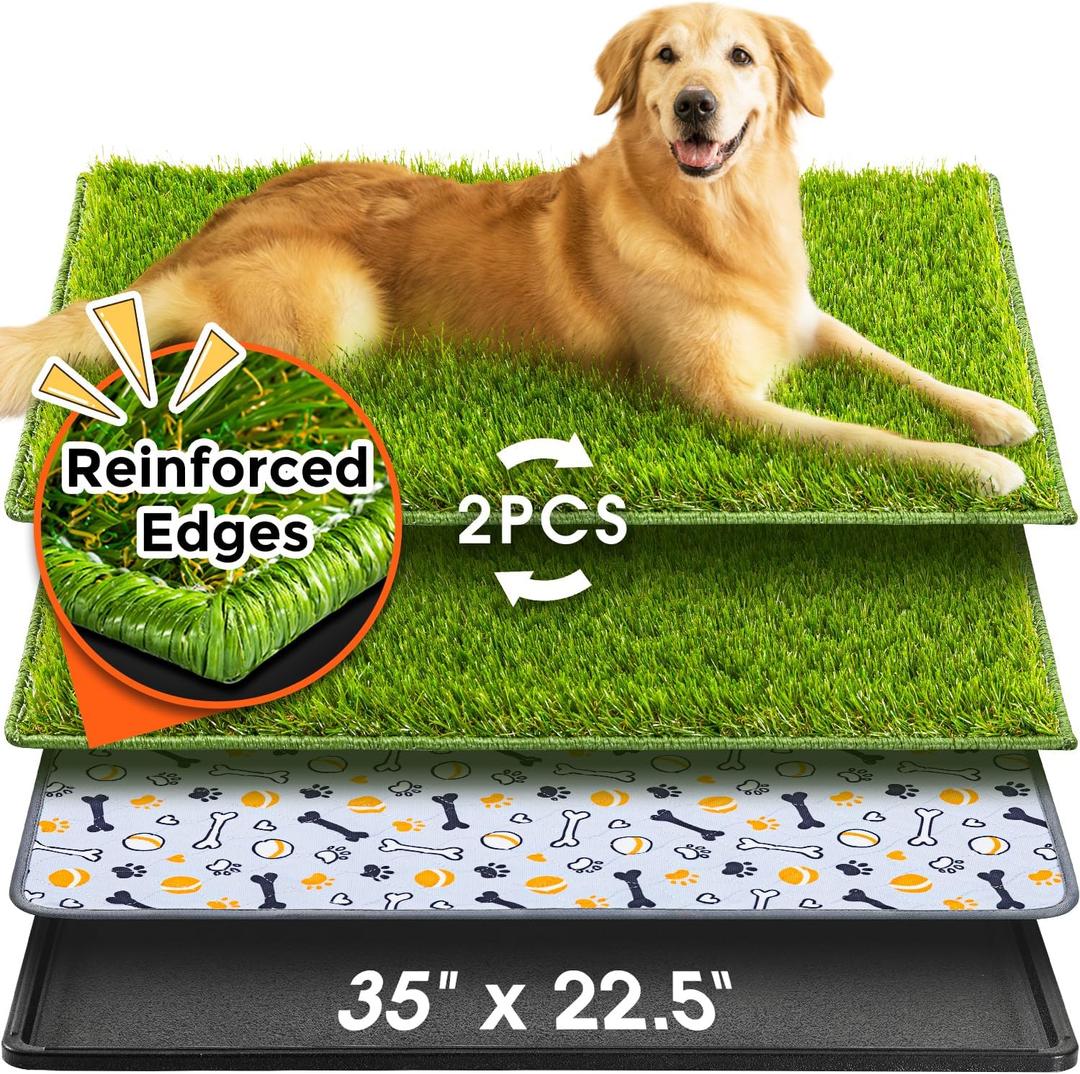 Hompet Dog Grass Pad with Tray Large, 35"x22.5", 2 Reusable Artificial Turf for Dogs Potty, Waterproof Non-Slip Washable Pee Pads, Quickly Absorbency Portable Dog Litter Box for Indoor/Outdoor Use