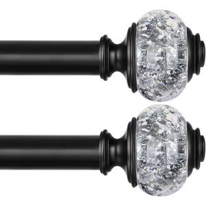 2 Pack Black Curtain Rods, 1 Inch Telescoping Drapery Rod 28 to 48 inch (2.3 to 4 ft), USFOOK Curtain Rods for Windows, Silver Translucent Finials
