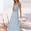 Trendy Queen Vacation Outfits Long Skirts for Women Boho Maxi Skirt Elastic High Waist Dress with Pockets Fashion (Blue)