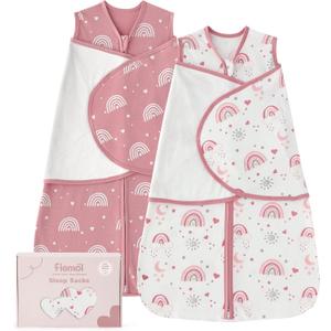 FIEMOL Baby Swaddle Sleep Sack 3-6 Months, Cotton Swaddles for Newborns Girls, 2-Way Zipper Transitional Infant Wearable Swaddling Blanket with Quiet Closure, 0.5 TOG 2 Pack Soft Pink Rainbow