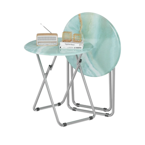TV Tray Round Table, Small Foldable Table, Portable Dinner Table for Eating, Snack Side Trays Table Set of 2, No Assembly Required (Ocean Blue Marble, 2Pcs)