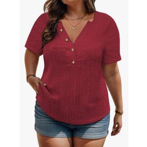 VISLILY Plus-Size-Summer-Tops for Women Henley V Neck T Shirts Short Sleeve Buttons Up Tunics Dressy Eyelet Blouses, 3XL