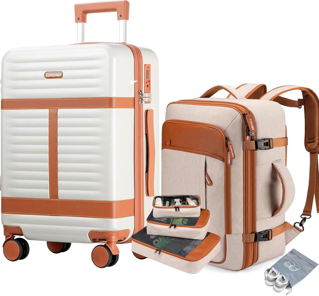 Lumesner 5 Piece Luggage Sets with Travel Backpack, 20" Carry On Hardside Spinner Suitcases, TSA Lock, Durable PC (Beige, 5 piece set (20inch))