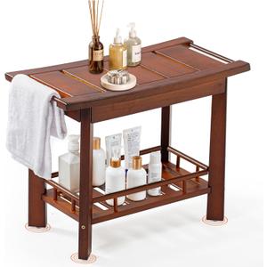 21" Teak Shower Bench for Inside  Luxury Spa-Style Comfort, FSC Certified Durable Teak Wood, Water-Resistant, Ergonomic Seat, Anti-Skid Stability and Enclosed Storage Shelf, 350 lbs Capacity