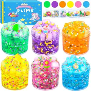6 Pack Jelly Cube Crunchy Slime Kit, with Yellow, Pink, Purple, Green & Blue Clear Crunchy Slime, Super Soft Sludge Toy with Cute Charms, Girls Boys Classroom Reward, Valentine's Day Party Supplies