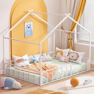 Timy Full Size House Shape Bed Frame Montessori House Bed with High Rails