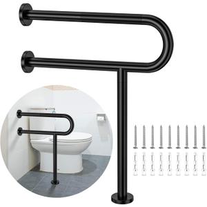 Toilet Support Rail 23.4X 28 Inch, Munzong Anti-Slip Black Handicap Grab Bar for Bathroom, Stainless Steel Knurled Safety handrails with Leg for Elderly Disabled Pregnant-1.25Tube