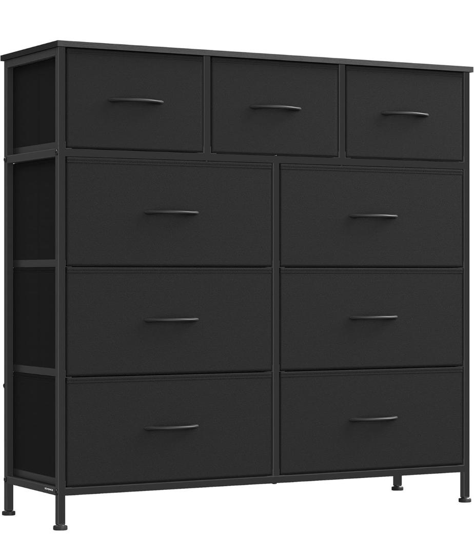 SONGMICS Dresser for Bedroom, Chest of Drawers, Steel, MDF, 9 Non-Woven Fabric Drawers, Storage Organizer Unit, Closet, Entryway, Ink Black and Ebony Black ULGS324B01S