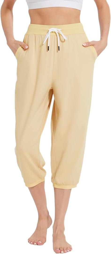 Capri Pants for Women High Waist Joggers Workout Yoga Pants Sweatpants with Drawstring (XX-Large, Khaki)