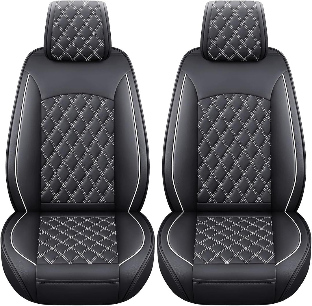 Front Toyota Tacoma Seat Covers Waterproof Leather (Black-White) | Custom Fit 2005-2026 TRD Sport/Pro/Off Road SR5 SR Limited Double/Crew Cab Access/Xtra Cab Regular Extended Cab Truck Pickup