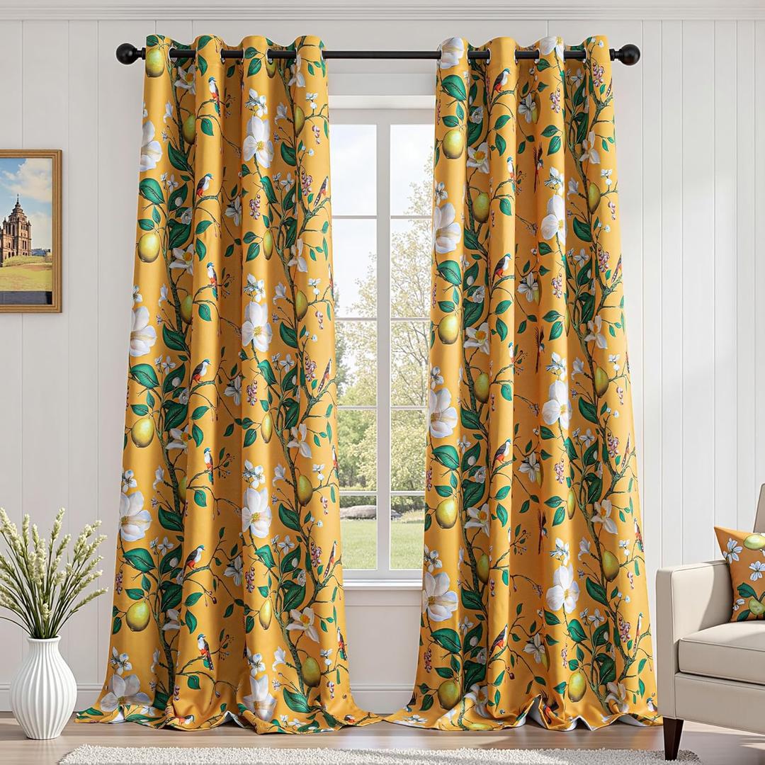 MYSKY HOME Floral Blackout Curtains 95 inches 2 Panels Set for Dining Room Vintage Mid Century Style Lemon Hummingbird Patterned Room Darkening Thermal Insulated Drapes Grommet, W52 per Panel, Yellow