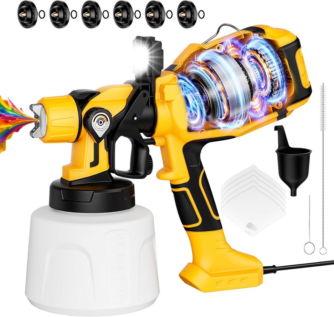 Paint Sprayer for House Painting, Paint Sprayer with Easy to Clean Design, 1400ml (47oz) Container, 6 Brass Nozzles & LED Light, 3 Spray Patterns for House, Fence, Furniture, DIY, Garden, Walls