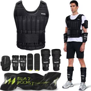 Weighted Vest Men BeatBoost 20lb/30lb/40lb/50lb/60lb Adjustable Weight Vest with Steel Plates Weights for Walking Strength Training Running Workout (Black Set)