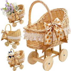 20 In Woven Rattan Stroller Shaped Flower Basket, Vintage Rattan Baby Buggy Planter for Floral Displays, Handwoven Rustic-Style Basket, Tabletop Floral Decor for Baby Shower Wedding Table Centerpieces