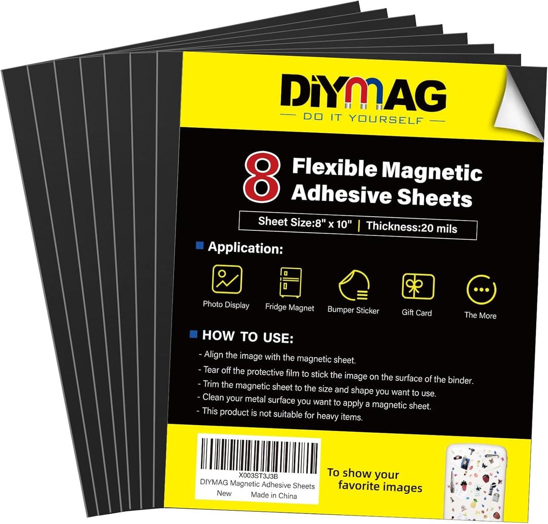 DIYMAG 8Pack Magnetic Adhesive Sheets, Magnetic Sheets with Adhesive Backing, 8x10 Inch Flexible Magnet Sheets for Crafts Photos and Die Storage Easy to Cut