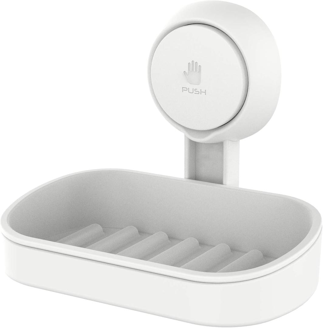 LEVERLOC Soap Dish Holder for Shower Suction Cup Wall Mounted Self Draining NO-Drilling Removable Bar Soap Sponge Holder for Bathroom Bathtub Kitchen Sink Waterproof Strong Vacuum Suction Adhesion