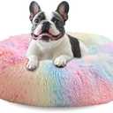 JOLLYVOGUE Calming Dog Bed Medium Size Dog, 31in Donut Washable Medium Pet Bed, Anti-Slip & Anti-Anxiety Fluffy Faux Fur Round Dogs Bed, Fits up to 45 lbs Pets (Rainbow)