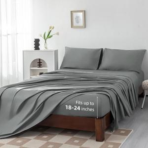 Levoo 100% Cotton Sheets Cal King Size Set 18"-24" Extra Deep Pocket Cal King Sheets Set Soft Breathable 4Pcs Bed Sheets with 1 Flat Sheet, 1 Fitted Sheet, 2 Pillowcases (Cal King, Dark Gray)
