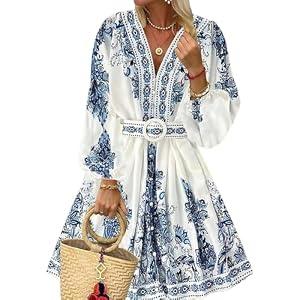 BEYINCUTE Women's Long Sleeve Dress Spring Summer Aline Boho Dresses White V Neck Empire Waist Mini Dress with Belt, XL