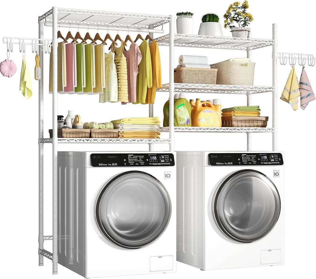 Ulif U6 Clothes Drying Rack, 5-Tier Over Washer and Dryer Laundry Room Storage and Organizer, Heavy-Duty Space Saver, 65.3" W x 13.4" D x 77.5" H, White, Large: 65.3W x 13.4D x 77.5H
