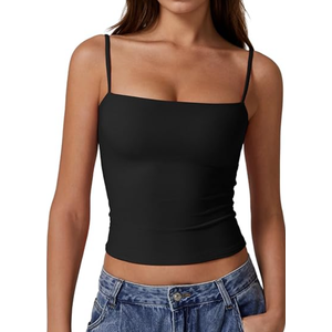 QINSEN Basic Cami Tank Top for Women Spaghetti Straps Sleeveless Double Lined Fashion T Shirt Tops Black XS