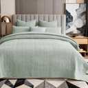 3 Pieces Cotton Quilt Set Queen Size Bedding Sets 90x92 with Pillow Shams Ultra Soft Lightweight Bedspread Waffle Weave Quilted Bed Coverlets for All Season, Green