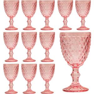 Set of 12 Vintage Glasses, 10 Ounce Colored Glass Water Goblets, Unique Embossed Pattern High Clear Stemmed Glassware Wedding Party Bar Glass Drinking Cups, Diamond Pink Glasses