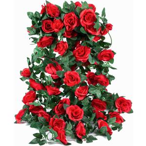 4 Pack (32FT) Artificial Rose Vine Fake Flowers Garland Hanging Silk Rose Ivy Plants Vine for Mother's Day Wedding Arch Party Wall Indoor and Outdoor Aesthetic Art Dcor (Red)