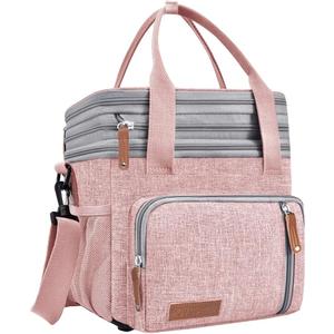MOV COMPRA Lunch Bag for Women Men, Expandable Large Adult Insulated Lunch Box for Work, Leakproof Double Deck Lunch Box Cooler Tote Bag with Removable Shoulder Strap (PINK)