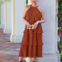 ZESICA Women's 2026 Summer Sleeveless Halter Neck Ruffle Tiered Layed Chiffon Flowy Swing Long Midi Dress (Brown, L)