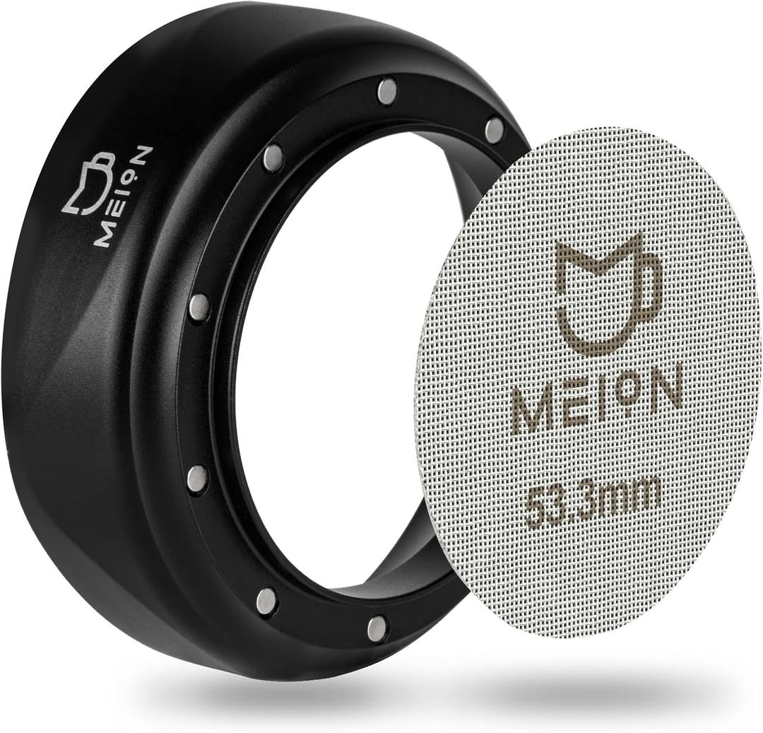 MEION 54mm Espresso Dosing Funnel and Puck Screen Set for 54mm Breville Portafilters, Magnetic Coffee Funnel, Reusable 53.3mm Espresso Puck Screen, Espresso Tools Espresso Accessories (54mm, Black)