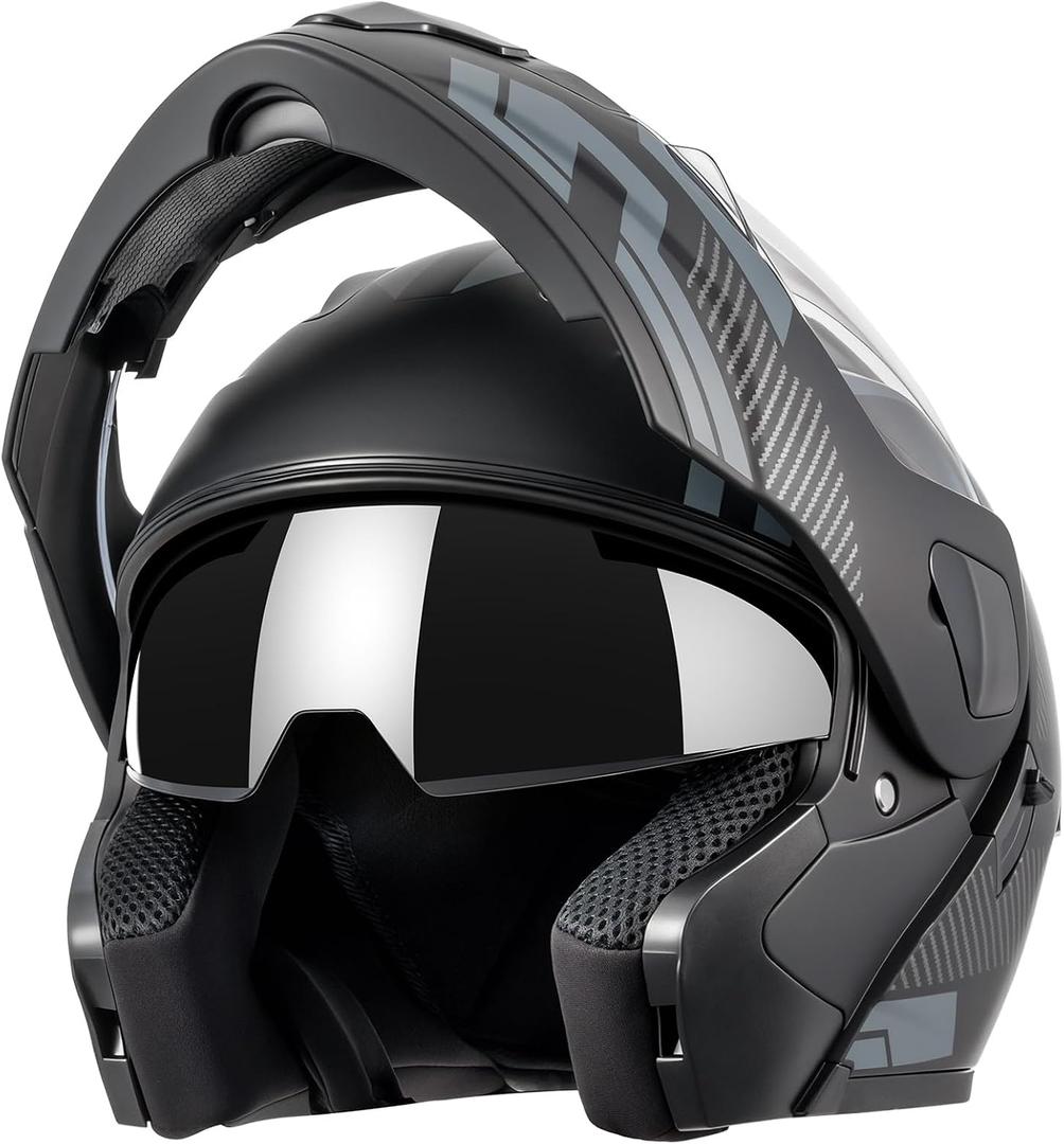 DOT Approved Full Face Modular Flip-Up Dual Visor Motorcycle Helmet for Adult Men Women, Lightweight ABS Shell & Ventilated, Street Bike ATV (Black, M)