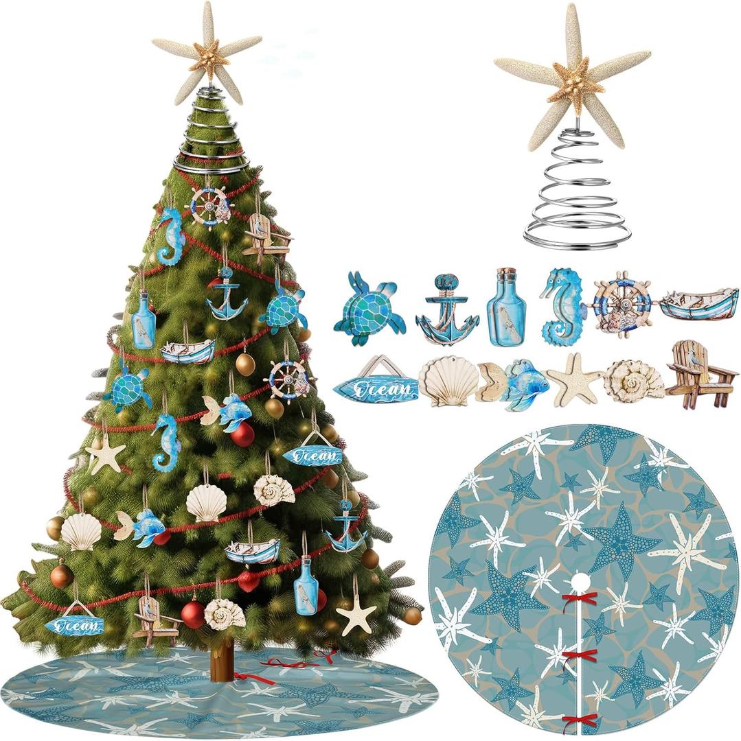 Chunful 26 Pcs Christmas Beach Decorations Wooden Beach Ocean Christmas Ornaments Resin Starfish Tree Topper 35.5 Inch Starfish Xmas Tree Skirt for Party Holiday Crafts Home