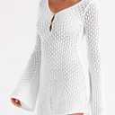 Saodimallsu Womens Crochet Swimsuit Coverup Summer Sexy V Neck Long Bell Sleeve Mesh Knit Bikini Cover Ups Beach Dresses (White, XL)