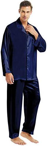 Lonxu Pajamas Set Mens Silk Satin Pajamas Long Sleeve Loungewear Two-Piece Sleepwear Button-Down Pj Set 2XL
