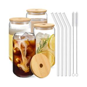 Drinking Glasses with Bamboo Lids and Glass Straw 4pcs Set - 16oz Glass Cups, Iced Coffee Glasses, Cute iced Tea Glasses, Beer Glasses, Ideal for Coffee Bar Accessories, Aesthetic Gift - 2 Brushes
