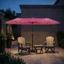 15FT Patio Umbrella with Solar Lights, Double-Sided Extra Large Outdoor Table Umbrella with Base Included, Heavy-Duty 12 Iron Ribs Market Umbrella for Garden, Pool, Backyard, Rose Pink