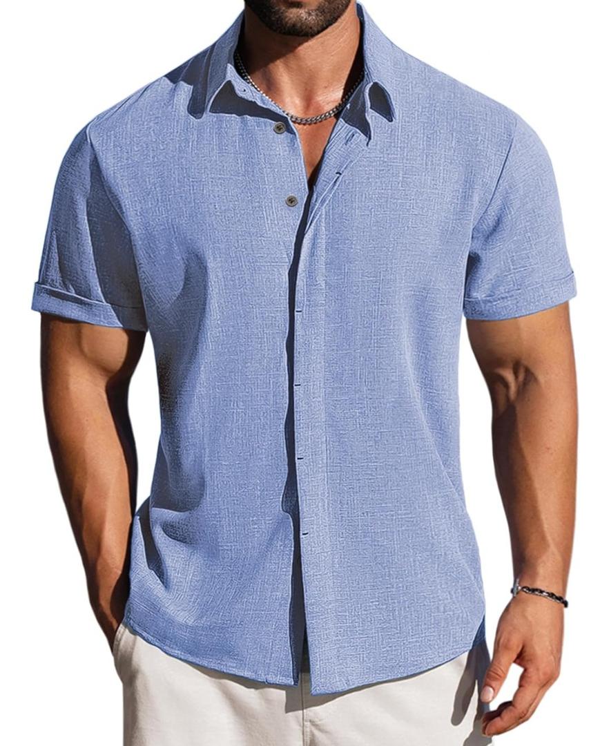 LETSEE Linen Shirts for Men Short Sleeve Blouse Button Down Dress Untuckit Shirts Beach Summer Wedding Hawaiian Outfit 2XL