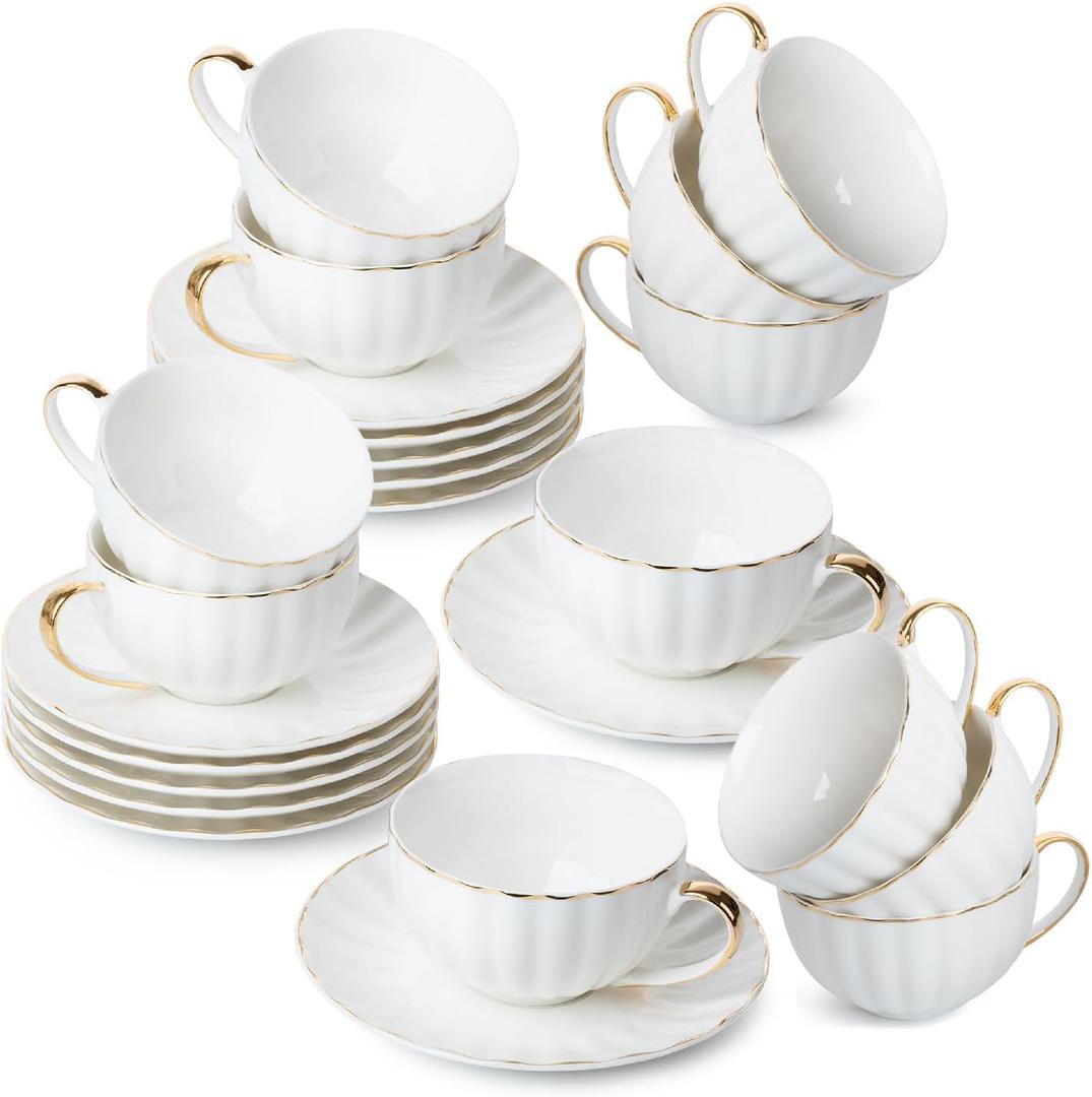 BTaT- Cappuccino Cups with Saucers 7 oz, Set of 12, White Porcelain Coffee Cup and Saucer Set for Latte with Golden Trim Design, Dishwasher Safe, Mocha, Tea, Au Lait, Flat White, Mothers Day Gift