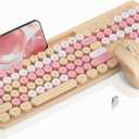 Wireless Keyboard and Mouse Combo, Retro Round Keycaps, Cute Full-Size Typewriter Keyboard with Phone Holder, Sleep Mode, Click Soft, 2.4GHz Cordless Connection for Windows/PC/Laptop (Latte-Colorful)