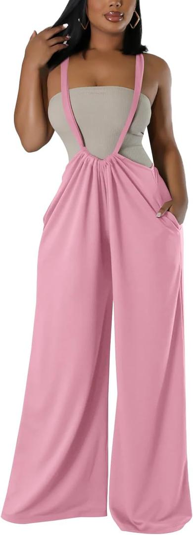 ECHOINE Women's Casual Sleeveless Jumpsuit Overalls Adjustable Strap Baggy Wide Leg Pants with Pockets, Small