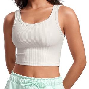 CRZ YOGA Womens Ribbed Longline Sports Bra - U Neck Padded Yoga Cami Workout Crop Tank Top Built in Pads Size S