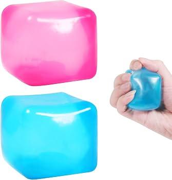 2 Pcs Stress Cube Bulk 2 Inch Swirl Ice Cube Stress Balls for Adults Anxiety Relief Soft Squeeze Sensory Square Ball for ADHD Prizes Goodie Bag Stuffers Party Favors (Pink,Blue)