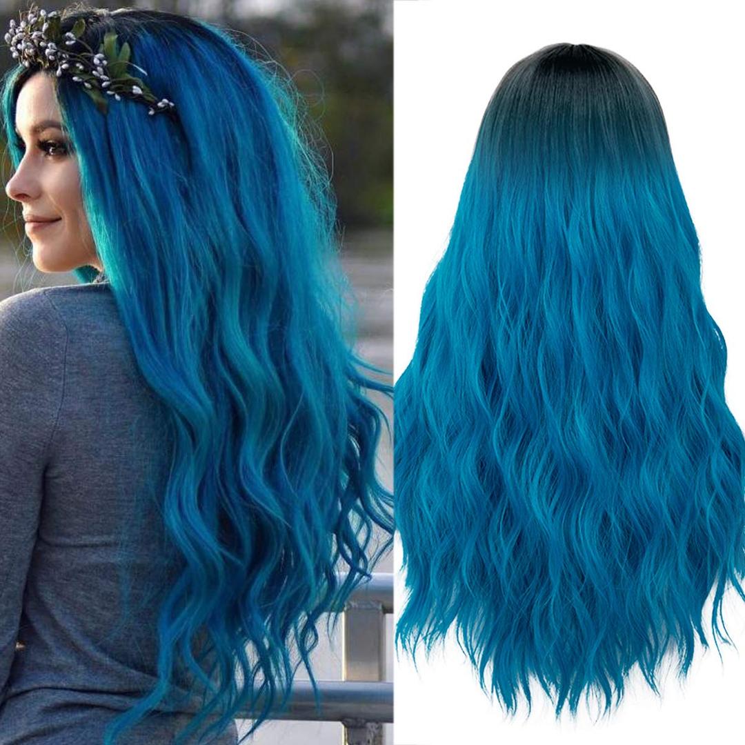 Mildiso Blue Wigs for Women 26" Long Ombre Blue Wig with Wig Cap Curly Wavy Natural Cute Soft Wigs for Daily Party M052B (26 Inch (Pack of 1))